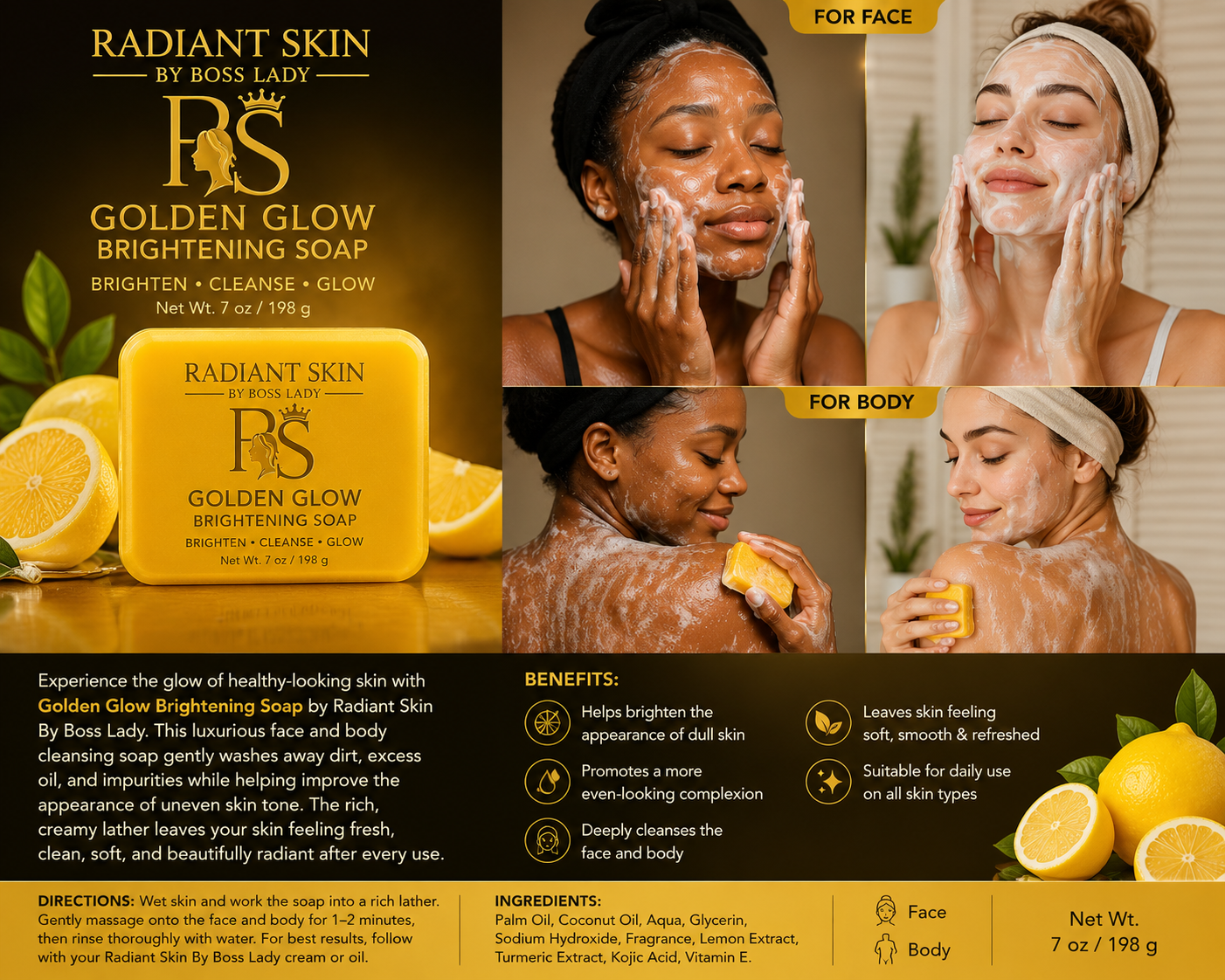 Golden Glow Brightening Soap – Cleansing Face & Body Soap (7 oz / 198 g)