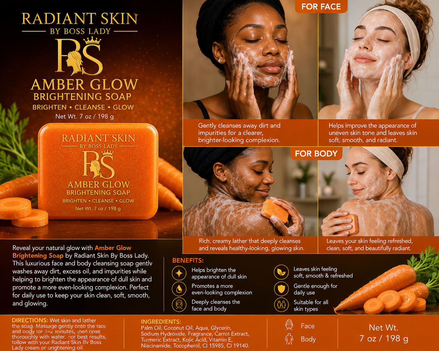 Amber Glow Brightening Soap – Cleansing Face & Body Soap (7 oz / 198 g)